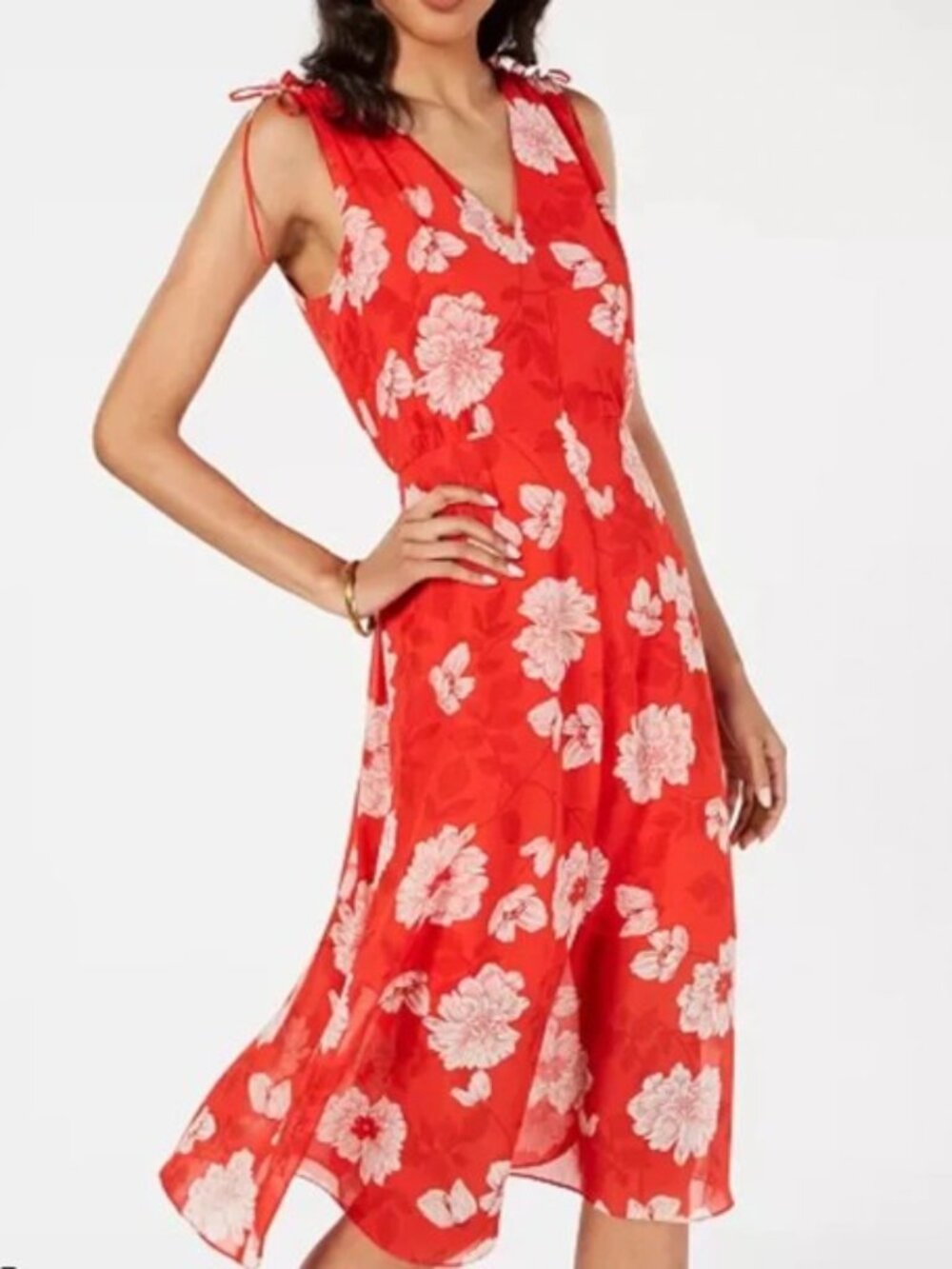 'NEW' Vince Camuto Size 6 Floral Print Tie Shoulder Chiffon Dress Red